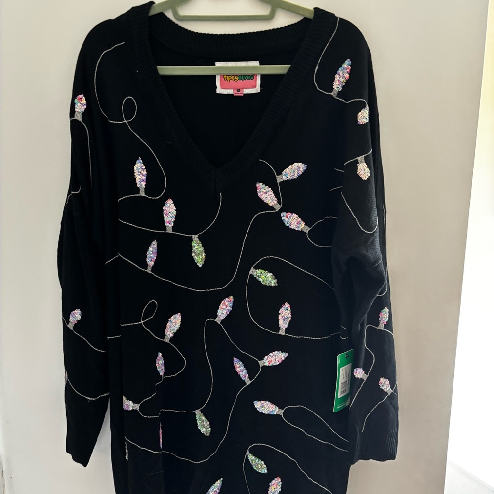 BNWT Tipsy Elves Women’s Christmas Light Strand Sequin Sweater Dress Size XL